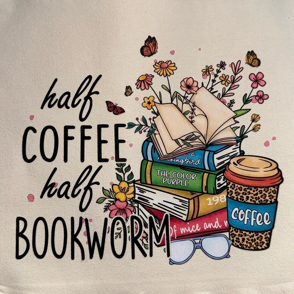 Canvas book tote reusable bookworm coffee addict NEW handmade gift